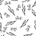 Abstract outlined leaves and branches seamless pattern. Hand drawn black brush painted plants. Vector foliage