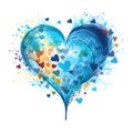 Abstract paint and color watercolor blue heart with tiny on white background, paint splatters. Heart symbol of affection and Royalty Free Stock Photo