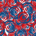 Abstract paint dab circle vector seamless pattern background. Backdrop with red, blue, white painterly circular brush Royalty Free Stock Photo