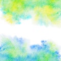 Abstract painted blue, green, yellow watercolor background.