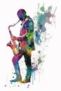 Abstract and painted of young musician plays saxophone