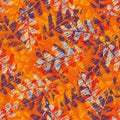 Abstract painterly scribble style leaves tropical seamless vector pattern background. Orange indigo blue backdrop with