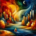 Abstract painting art of whimsical skyline, with sailing boat, night autumn scenery, half moon, bold painting Royalty Free Stock Photo