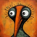 Humorous Caricature Painting: Black-eyed Bird On Orange Background