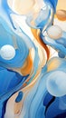 an abstract painting of blue, orange, and white swirls on a white background with a white circle in the middle of the image Royalty Free Stock Photo