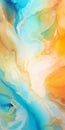 Abstract Painting: Blue, Orange, And Yellow Swirls In Light Aquamarine And Beige