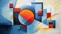 Abstract Painting With Blue And Red Elements: Pristine Geometry And Serenity