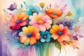 Abstract Painting - Bouquet of Undefined Flowers Centered, Swirls of Vibrant Colors Intermingling