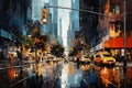 An abstract painting of a bustling city street at night, with bright lights and neon signs.