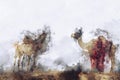 Abstract painting of camels in vintage tone
