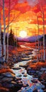Vibrant Mosaic: Two Sunsets With Stream In Hyper Detailed Style