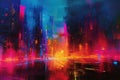 Abstract Painting of City at Night, Vibrant Colors Illuminate Urban Landscape, A loosely interpreted futuristic cityscape in Royalty Free Stock Photo