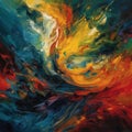 an abstract painting of a colorful sky and water with a red, yellow, blue, and green swirl on the left side of the painting Royalty Free Stock Photo