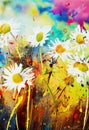 Abstract painting of daisies splashed with colorful paint. Digital illustration. AI-generated