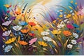 Abstract Painting Depicting a Chaotic Array of Wildflowers in Bloom - Swathes of Vibrant Colors Blending