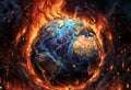 Abstract painting drawing of globe is on fire, engulfed in flames on dark