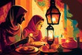 Abstract painting of Family Breaking Fast During Ramadan around a table. Digital Painting. AI Generated Royalty Free Stock Photo