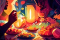 Abstract painting of Family Breaking Fast During Ramadan around a table. Digital Painting. AI Generated Royalty Free Stock Photo