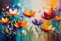 Abstract Painting Featuring an Array of Flowers in a Blur of Vibrant Colors - Petals and Leaves Intertwined