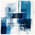 Minimalist Monotype Print: Retro Blue Abstract Painting With Transparency And Opacity