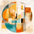 Abstract Geometric Painting In Teal And Amber With Symbolist Watercolor Style
