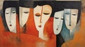 Upside Down Abstract Art: Three Faces On Orange Painting In The Style Of Didier Loureno