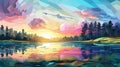 Colorful Landscape Art With Lake And Trees: A Vibrant Mosaic Of Nature