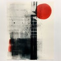 Minimalist Monotype Print: Abstract Paintings With Black And Red Sun