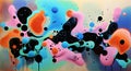 Abstract painting featuring a vibrant mix of colors and shapes. It includes various blobs and splashes of colors