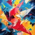 Vibrant Abstract Painting: Origami-inspired With Gouache And Leadlight Techniques