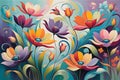 Abstract Painting - Focus on a Myriad of Flowers in Undefined Shapes, Blending into a Cohesive Background