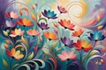 Abstract Painting - Focus on Stylized Flowers Dominating the Foreground, Swirling Patterns Interplay