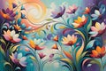 Abstract Painting - Focus on Stylized Flowers Dominating the Foreground, Swirling Patterns Interplay