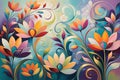 Abstract Painting - Focus on Stylized Flowers Dominating the Foreground, Swirling Patterns Interplay