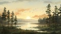 Boreal Forest At Sunrise Beach Village: Realistic Rendering With Faded Splash Painting