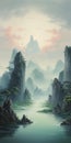 Ethereal Asian Landscape: Karst And Mountains Painting