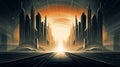 an abstract painting of a futuristic city with the sun rising in the background Royalty Free Stock Photo