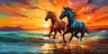 Couple of horses in the ocean waves at sunset watercolor painting. Royalty Free Stock Photo