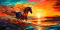 Beautiful horse on the beach in the ocean waves abstract watercolor. Royalty Free Stock Photo