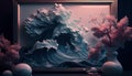 Abstract painting of huge wave in golden frame with abstract pink flowers in vase. AI generative panoramic banner