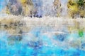 Abstract painting of lake and forest in autumn, nature landscape image, digital watercolor illustration