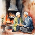 Abstract elderly asian couple by the fireplace abstract painting watercolor style