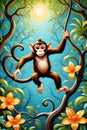 Abstract painting of a monkey swinging through the trees, flower, whimsical, animal, wallart, wallpaper, 8k, printable