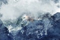 Abstract painting of mountain ranges in blue tone, Digital watercolor painting