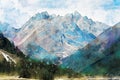 Abstract painting of mountains, nature landscape image, digital watercolor illustration