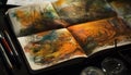 Abstract painting on old page showcases artist vibrant imagination and creativity generated by AI
