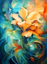 Orange flower painting on dark blue background. Royalty Free Stock Photo