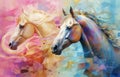 Abstract, paint, texture, shading, gold element, plants, flowers, leaves, feathers, horse