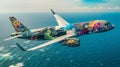 An abstract painting painted on a Boeing aircraft flying over the ocean, AI generated