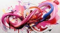 an abstract painting of pink, red, and blue swirls on a white background with an arrow pointing to the left Royalty Free Stock Photo